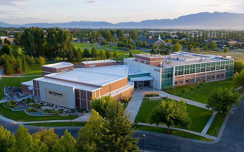 Aerial view of the Space Dynamics Lab on the USU Logan campus.
