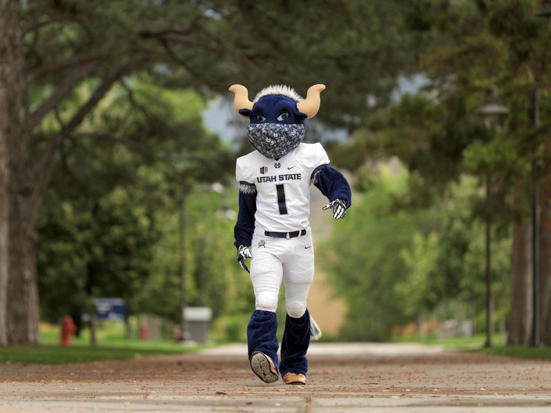 Big Blue strolls down the sidewalk wearing a USU face covering.