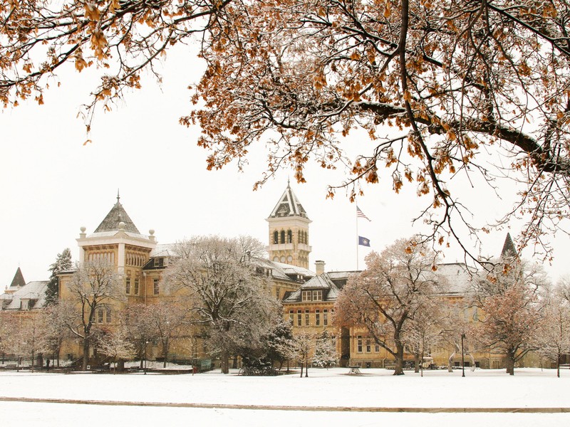 Fresh snow on USU's Quad and Old Main.