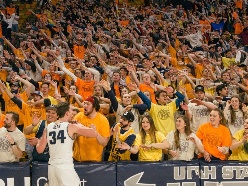 USU students cheer in unison against UNLV on Thursday.