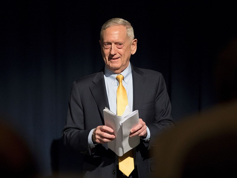 Former Secretary of Defense James Mattis addresses hundreds of spectators in the Taggart Student Cen