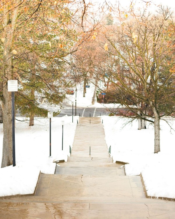 Looking down the stairway of Old Main Hill during a rainy January day