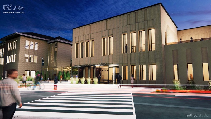 A computer rendering showing a planned building on USU's Quad.