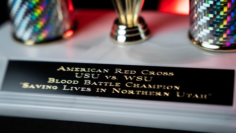 A trophy commemorates the Red Cross USU vs. WSU Blood Battle.