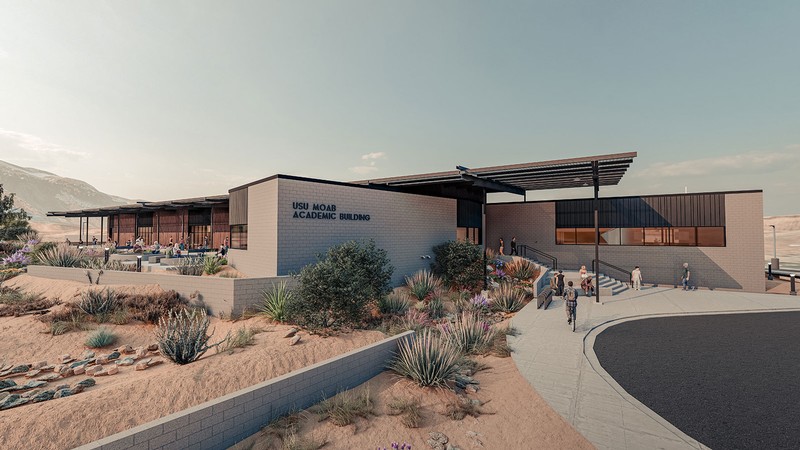 This architectural rendering shows the USU Moab Academic Building.