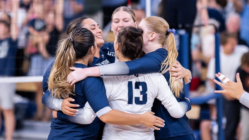 Volleyball players celebrating.