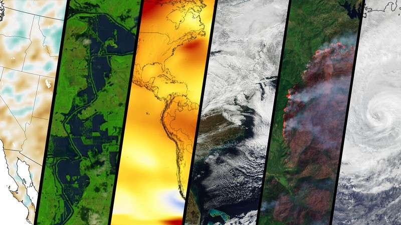 A series of six satellite images showing various effects of climate change.