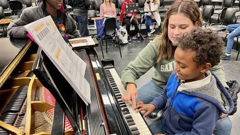 Two young people seated at a piano.