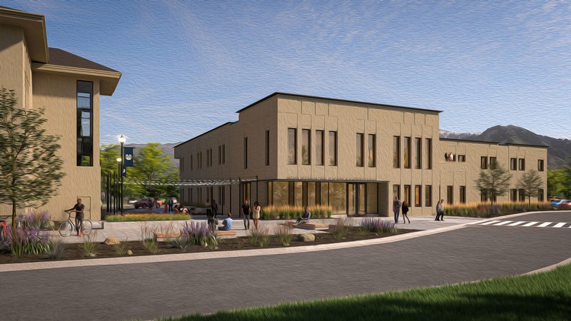 A computer rendering showing a planned building on USU's Quad.
