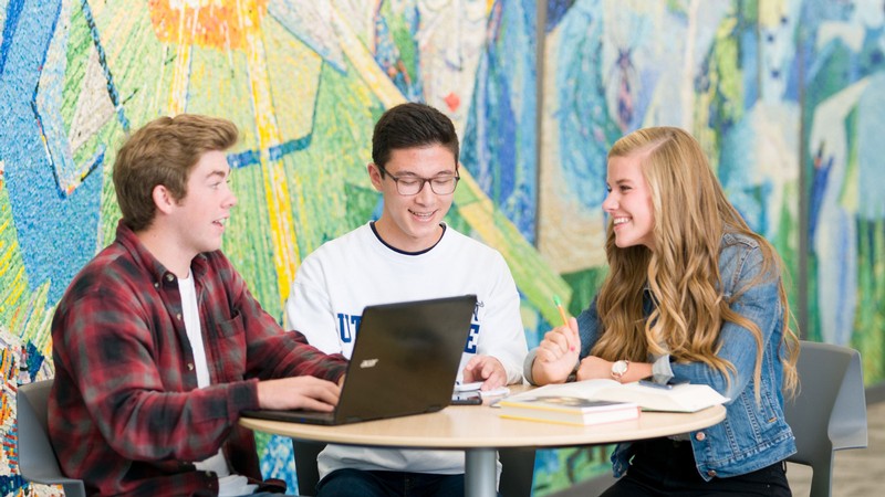 Students studying with textbooks and laptops.
