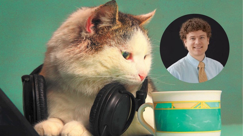 A cat wearing headphones. Inset is a photo of USU Professor Timothy Chenette.