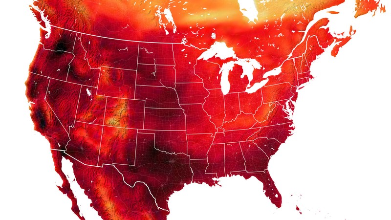 A map of the United States showing high temperatures in shades of red.