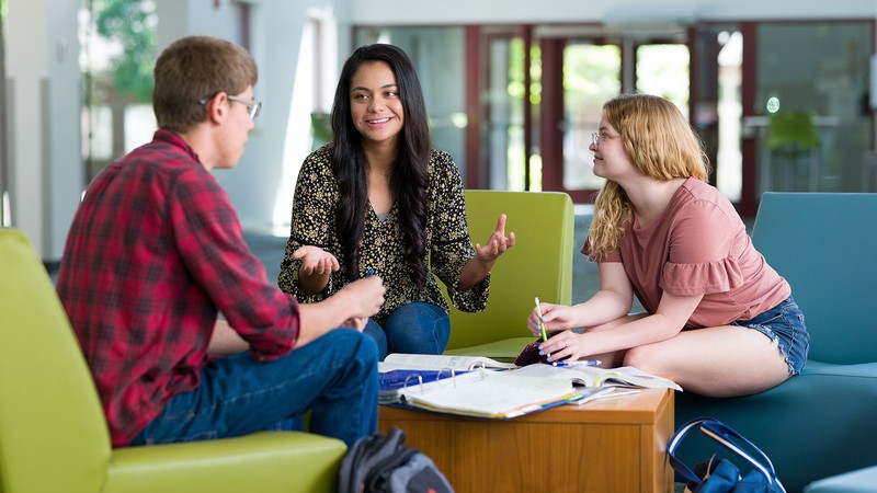 Students talking in a lobby.