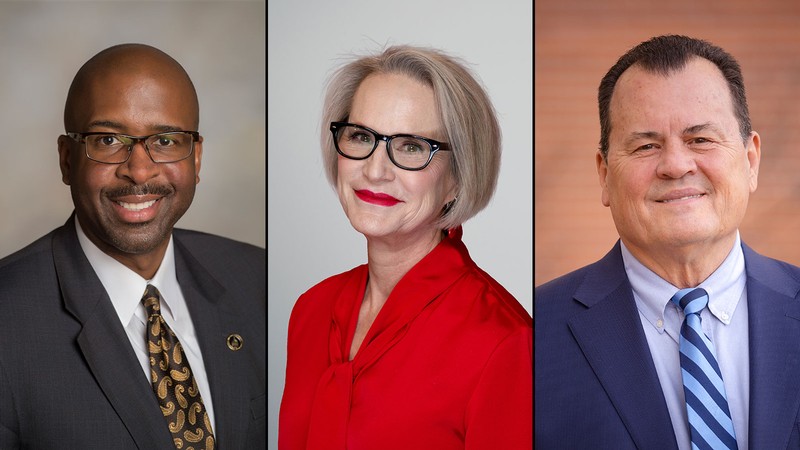 Portrait photos of Rodney Bennett, Betsy Cantwell and Ken White