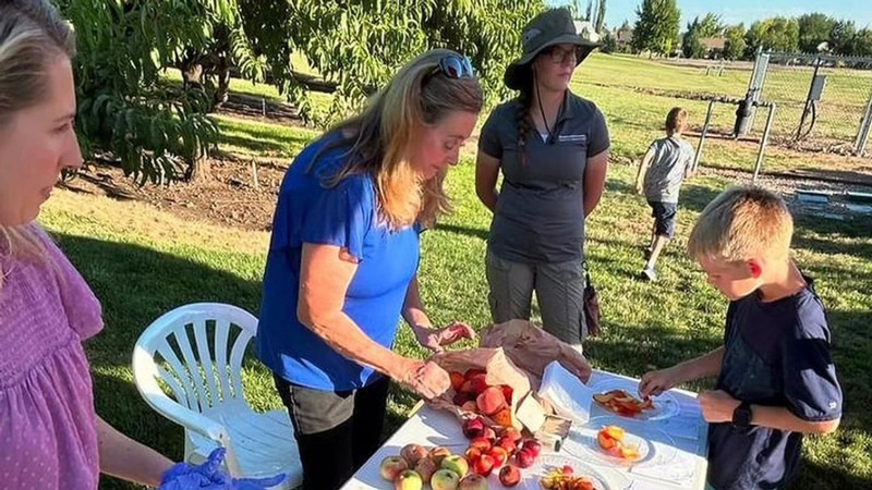People trying fruit.