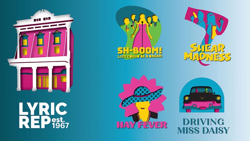 A poster advertising plays. Text Reads: Sh-boom, Shear Madness, Hay Fever, Driving Miss Daisy.