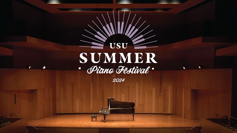A piano on a concert stage. Text Reads: USU Summer Piano Festival.