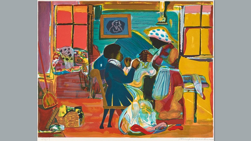 A painting of two people quilting.