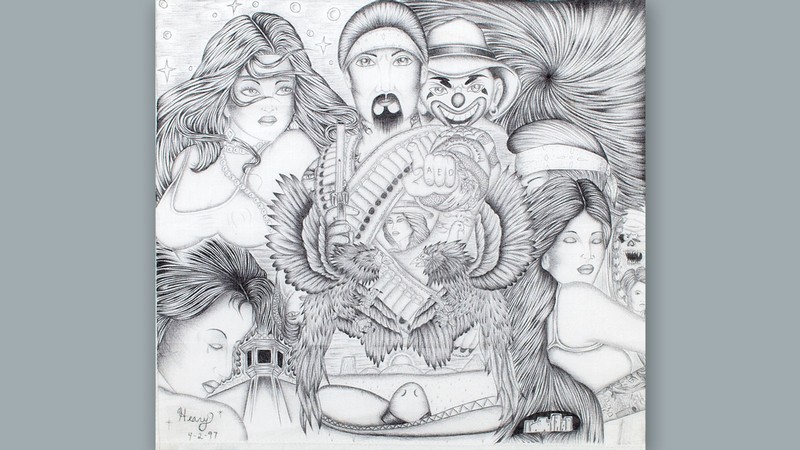 An ink drawing on cotton fabric incorporating Mexican cultural themes.