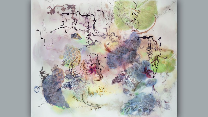 An abstract work of art with purple and green organic shapes.