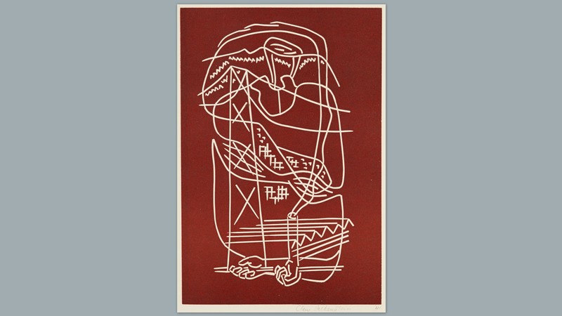 Abstract art with white lines on a deep red background evoking a human body and a bridge.