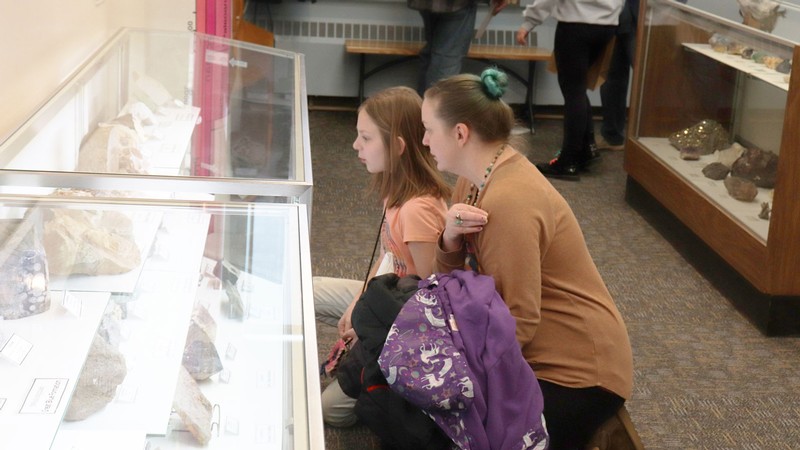 Museum patrons viewing a rock display.