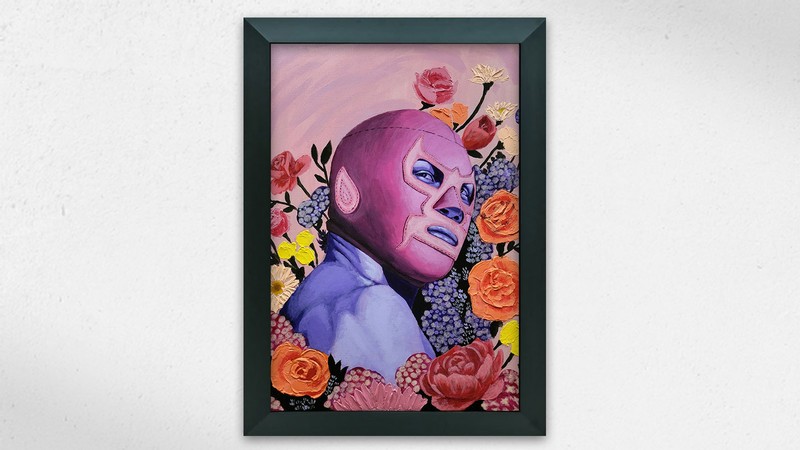 Art of flowers and a person wearing a luchador mask.