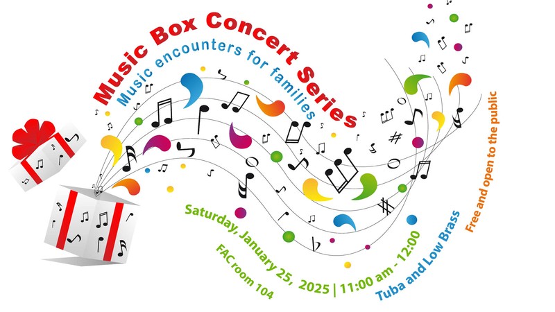 Text Reads: Free music encounters for families. Tuba and low brass on January 25.