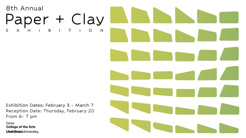 An event poster. Text reads: 8th Annual Paper and Clay exhibition. Feb. 3 to March 7.