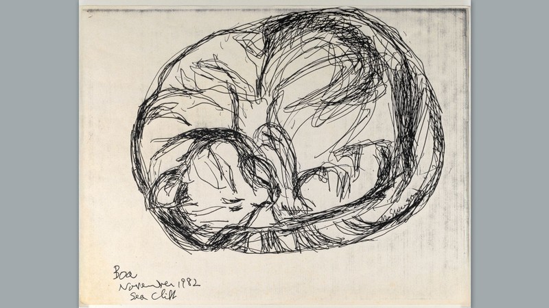 A pen-and-ink line drawing of a cat.