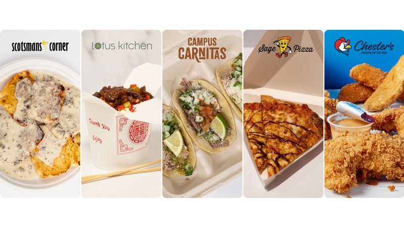 Ads for Hub restaurants: Scotsman's Corner, Lotus Kitchen, Campus Carnitas, Sage Pizza and Chester's