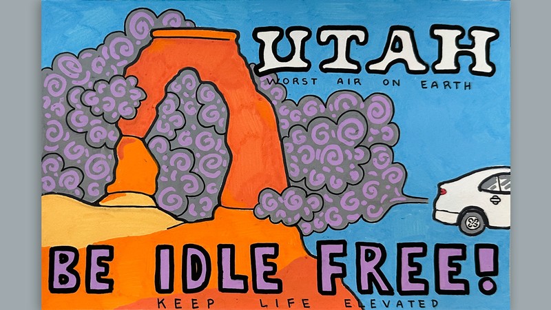 A poster of a car spewing exhaust onto Delicate Arch. Text Reads: Be Idle Free.