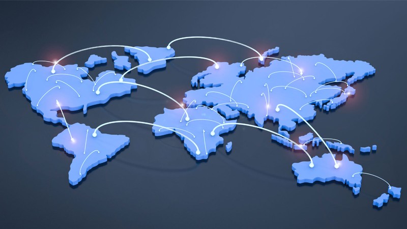 An illustration of dotted lines connecting points within and between continents.