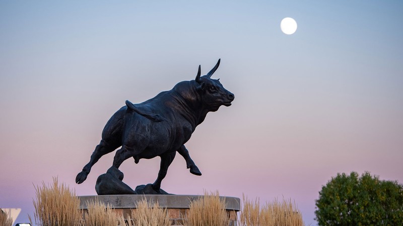 The moon behind a sculpture of a bull.