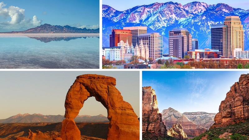 A collage of different Utah landscapes, including Salt Lake City and Delicate Arch.