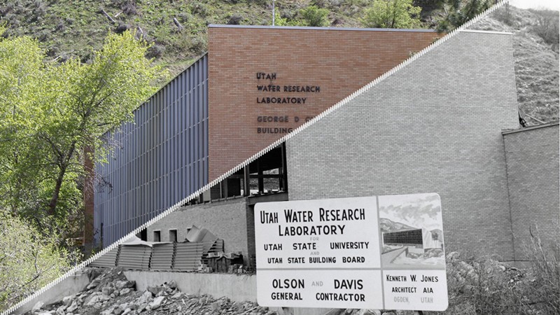 A composite image showing a building now and 60 years ago.