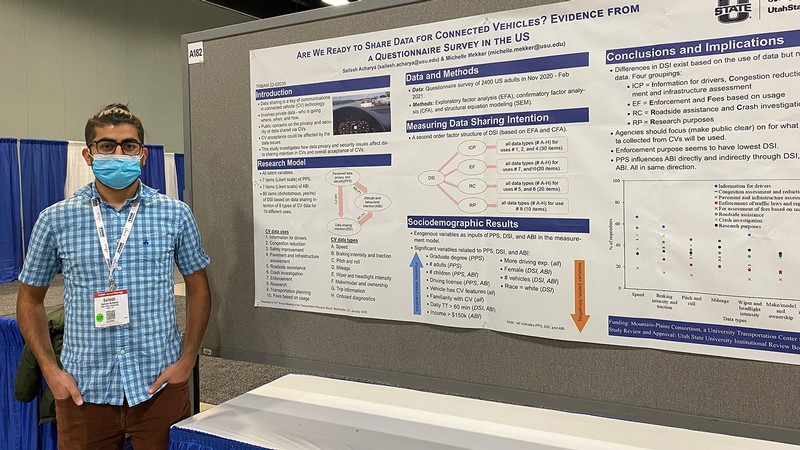 Sailesh Acharya stands in front of a research poster about connected vehicles.