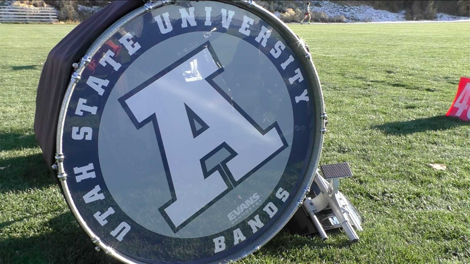 Aggie Marching Band Drum on the USU Football Field.