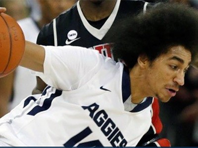Utah State basketball player Jalen Moore in action