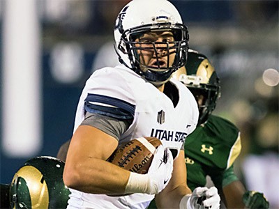 USU football player Kyler Fackrell in action