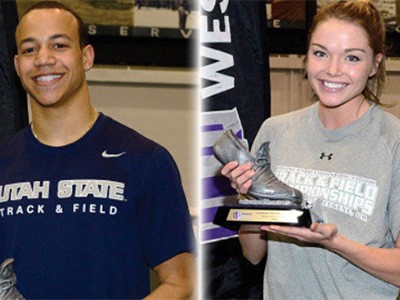 USU athletes Nic Bowens and Chari Hawkins in a photo illustration for NCAA Indoor Championships