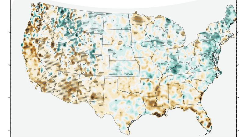 A map of the United States overlaid with dots and colors.