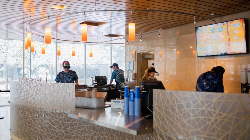 Students work at Luke's Family Cafe on the Quad