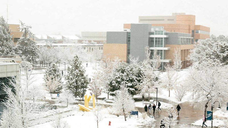 View of USU's Engineering Research Building on a snowy day.