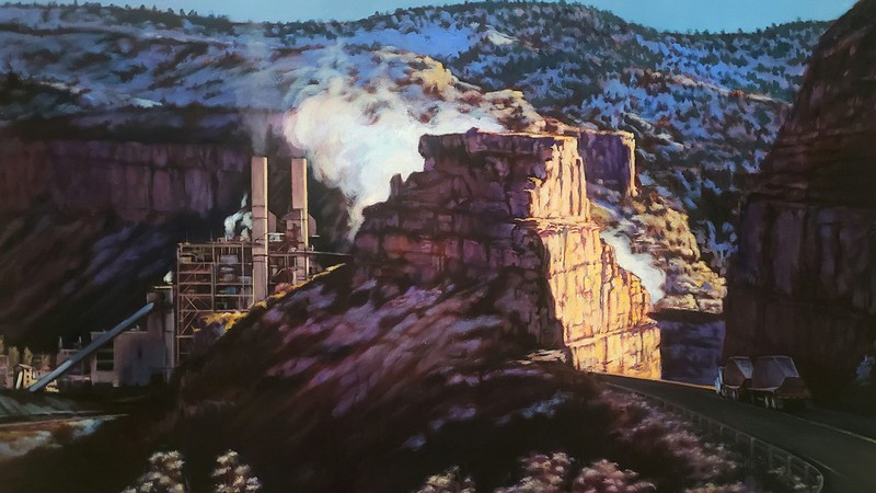 Painting of a oil refinery near red rocks in a Utah valley.
