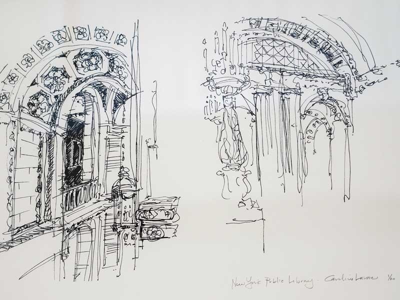 A drawings of the New York Public Library and Jenny Lake in Wyoming