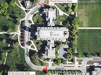 an aerial view of USU's Old Main and Champ Drive