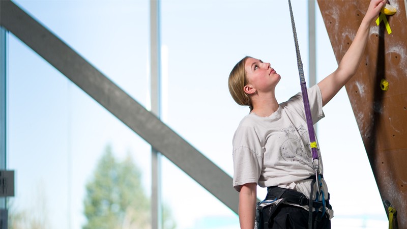 Person prepares to climb a climbing wall
