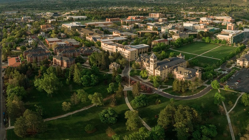 The USU Logan campus is seen from the air.
