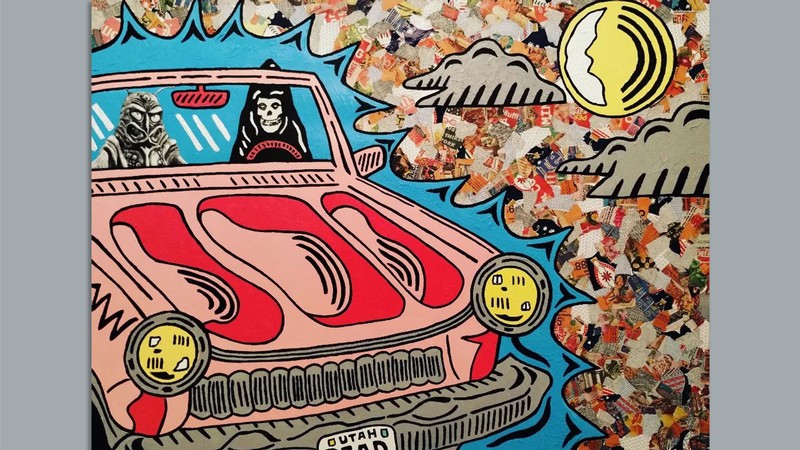 Pop art of the grim reaper and an alien driving a car.